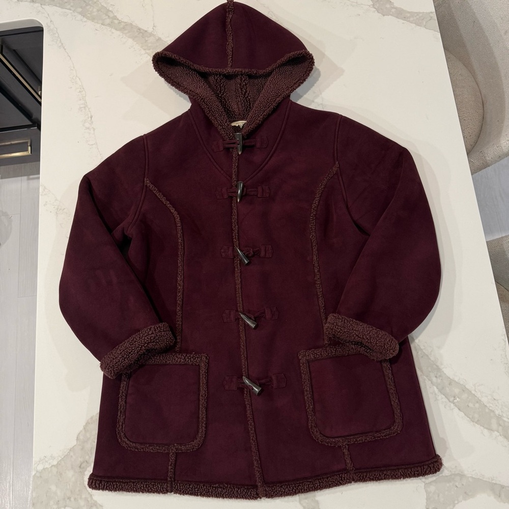 L.L. Bean Faux Suede Shearling Sherpa Lined Hooded Coat Women’s Large Wine Red